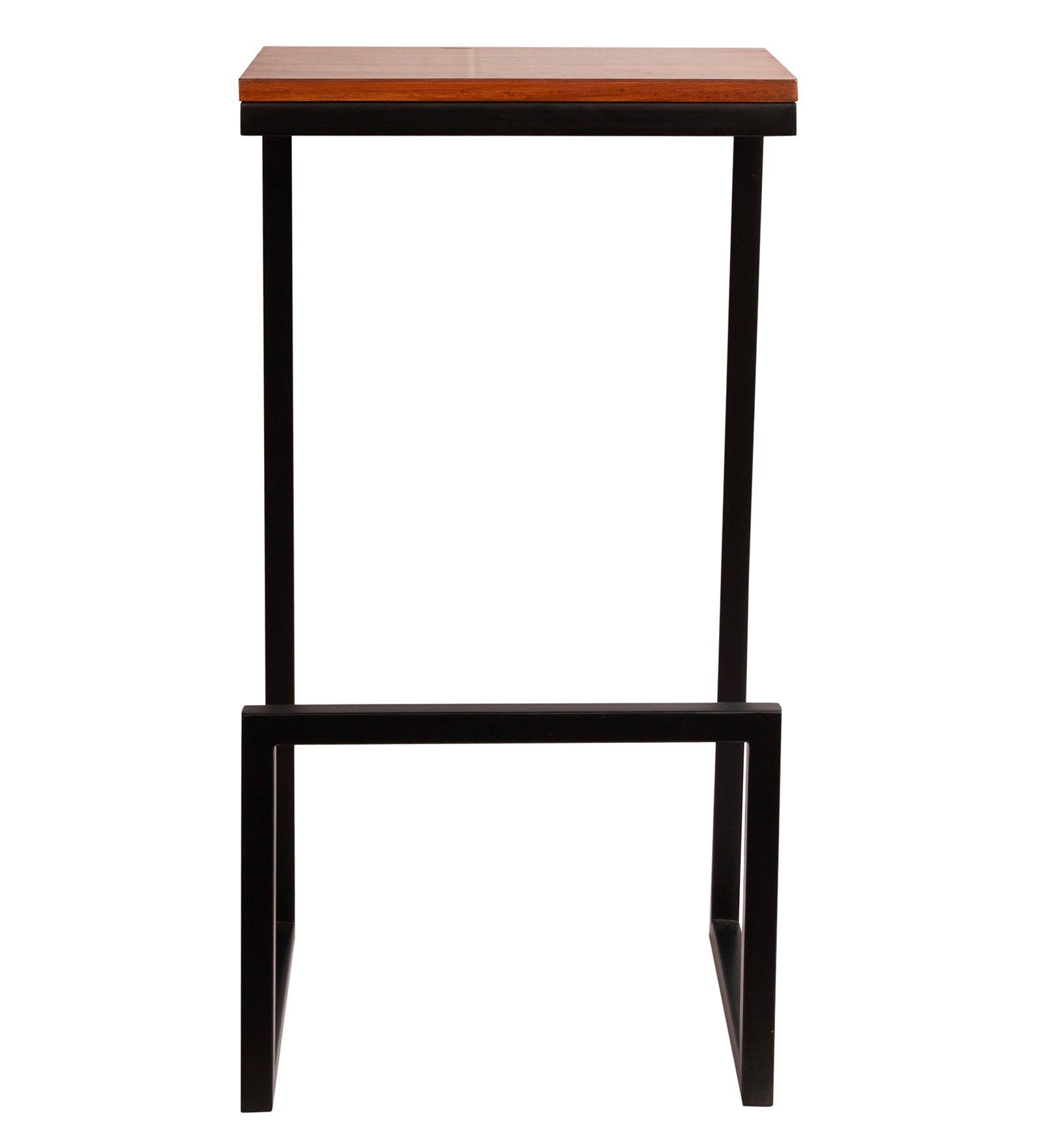 Close-up of teak wood seat and matte black metal frame — Fressia bar stool
