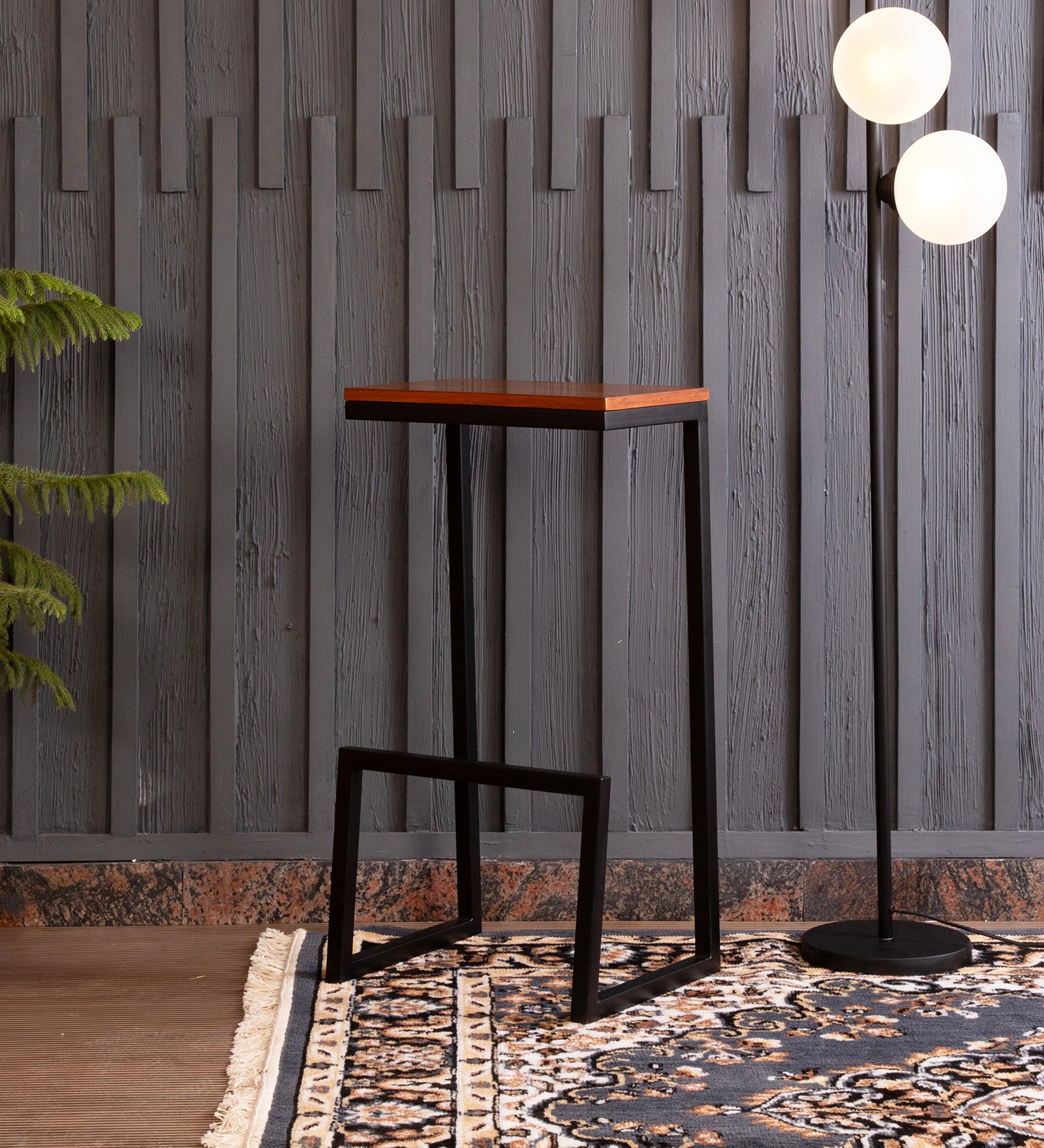 Fressia teak wood metal bar stool front view